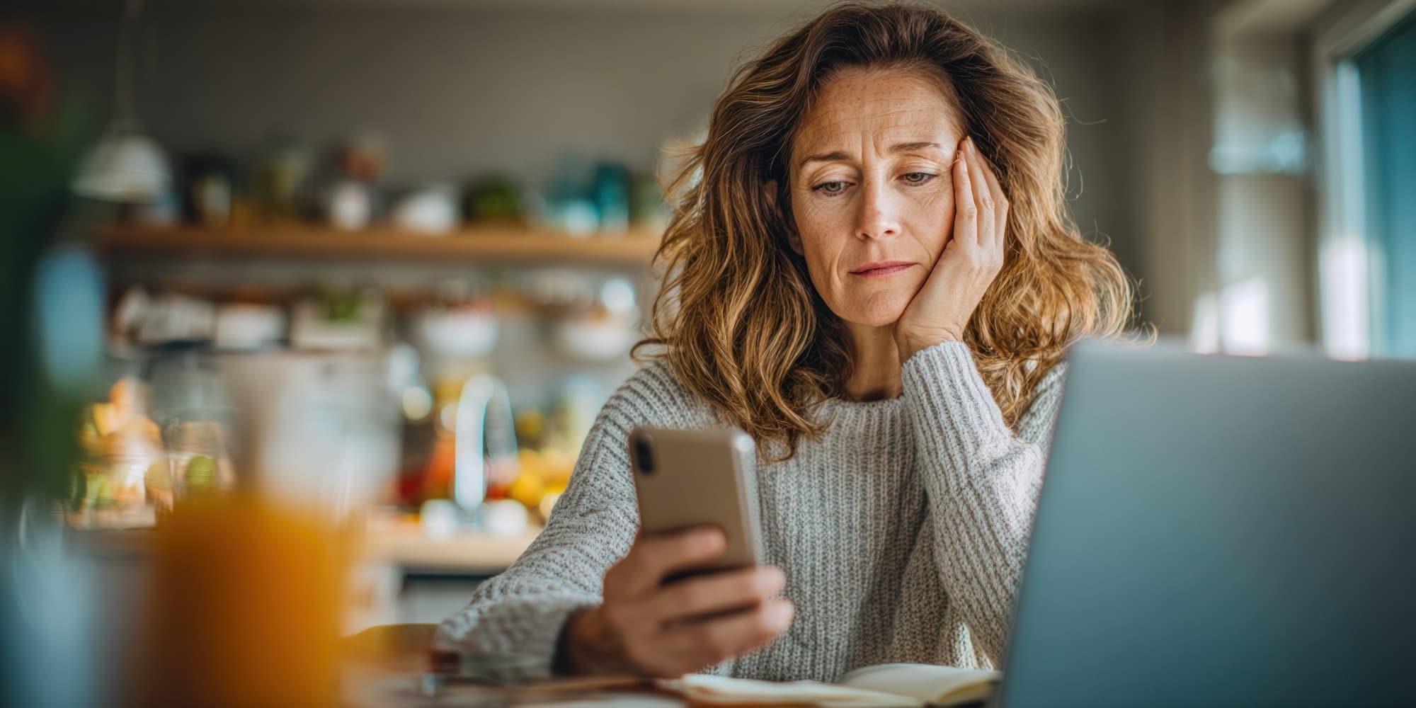 Kobieta spoglądająca z niepokojem na telefon przy kuchennym stole